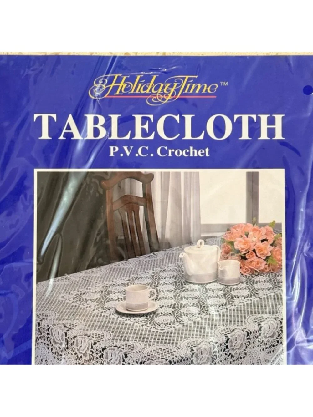 Holiday Time PVC Crochet Tablecloth 60x90 Bone Oblong Vinyl Dining Table Cover
